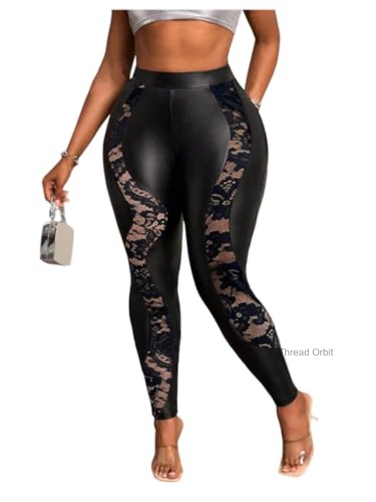 Plus Size Pu Leather Mesh Skinny Pants Elastic Waist Leggings
